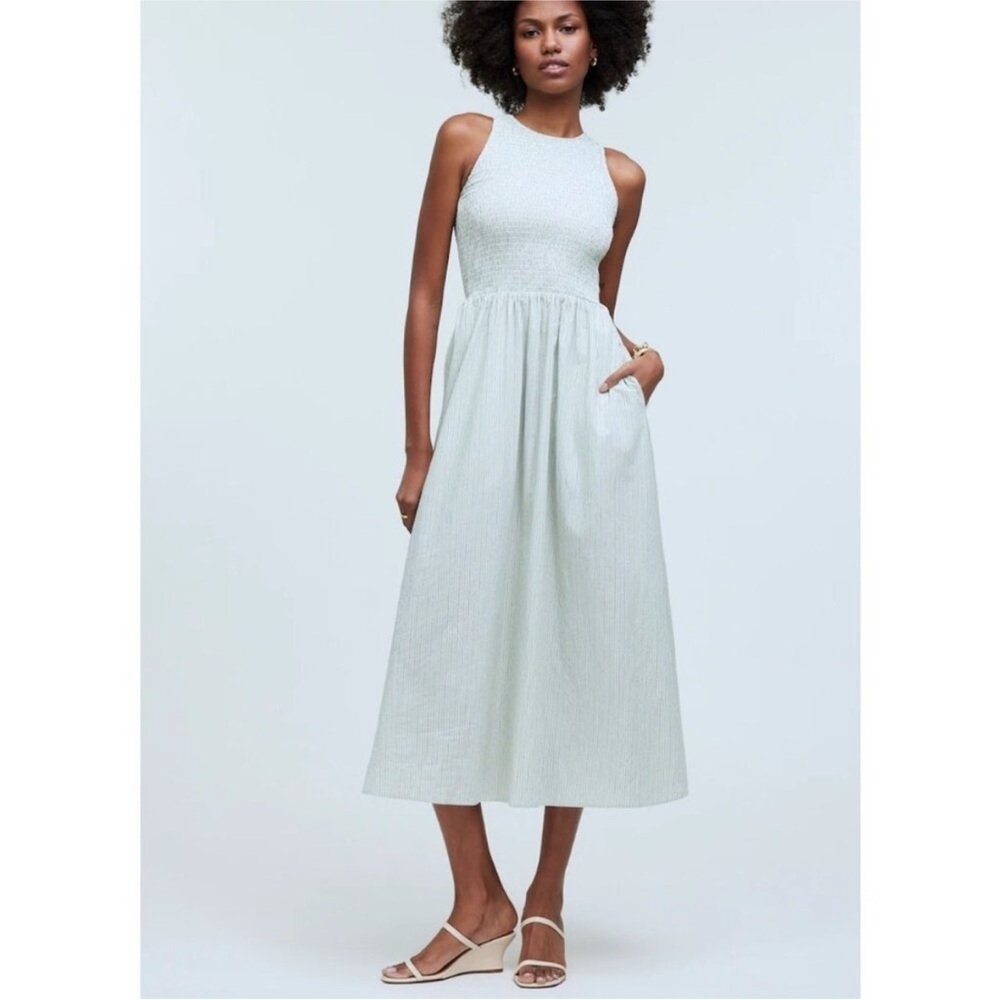 Madewell Selena dress striped green white crinkle poplin midi size XS new